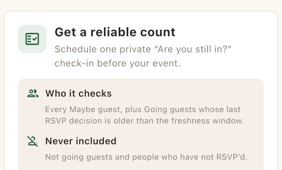 Madali Reliable Count setup showing which RSVP groups are checked