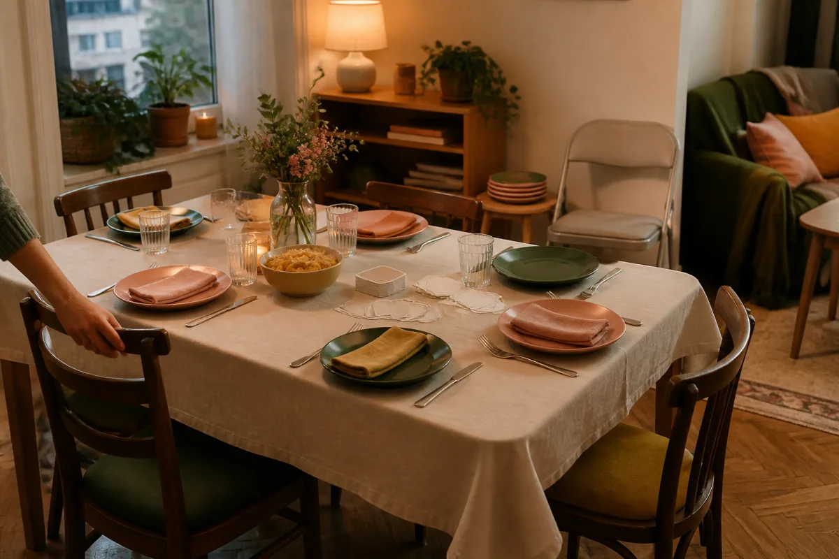 A small dinner table set with an extra folding chair nearby