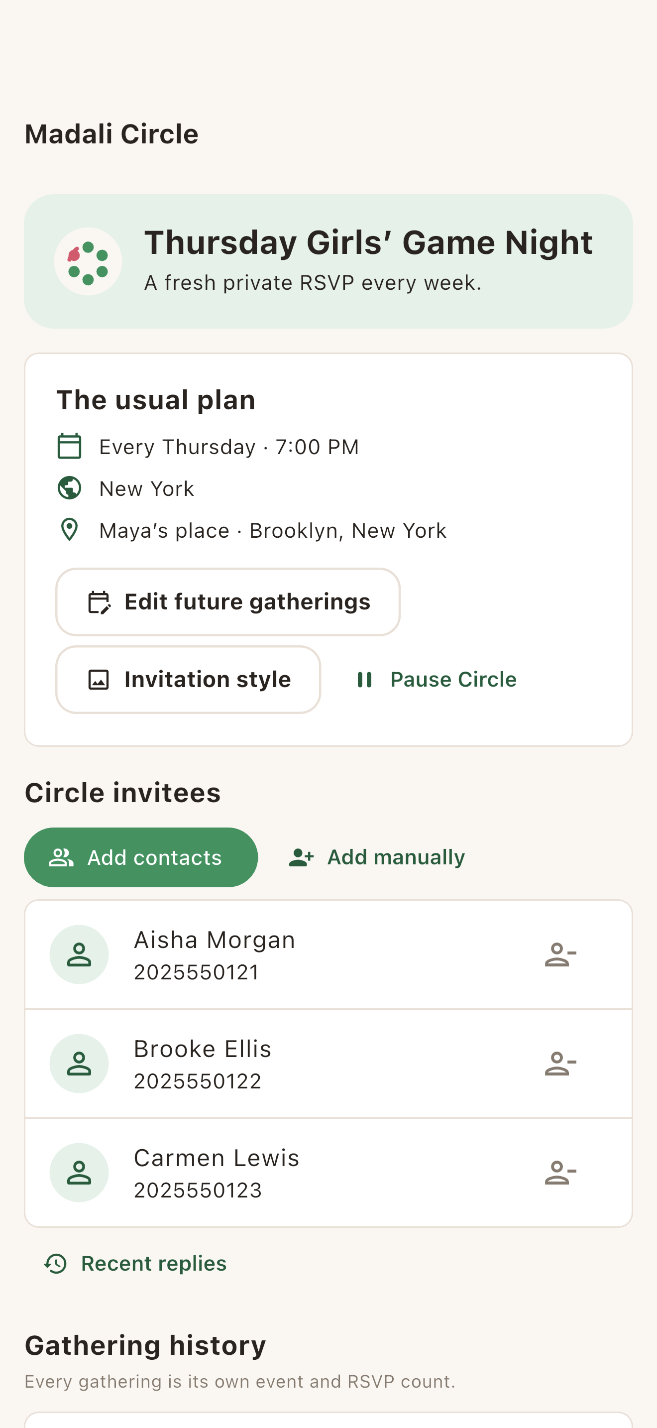 Madali Circle setup showing a repeat rhythm, a fresh RSVP, and one-date editing