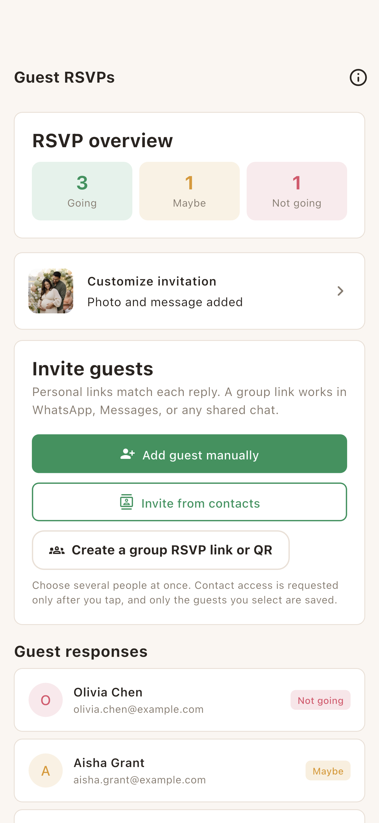 Madali guest RSVP overview with Going, Maybe, and Not going counts