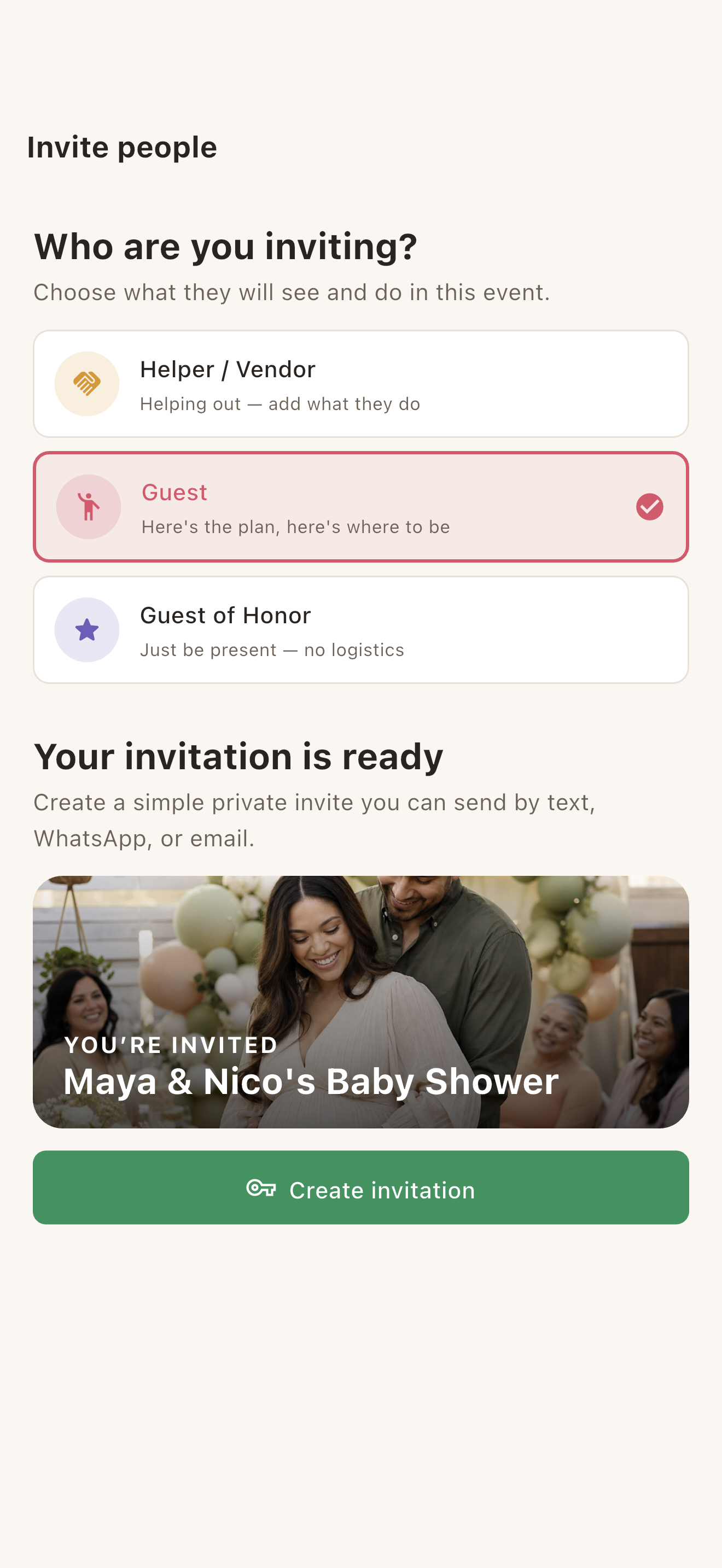 Madali host screen for creating a private invitation link for a guest
