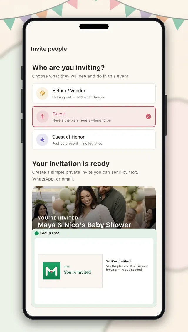 Madali invitation preview showing guests can RSVP in their browser with no app needed